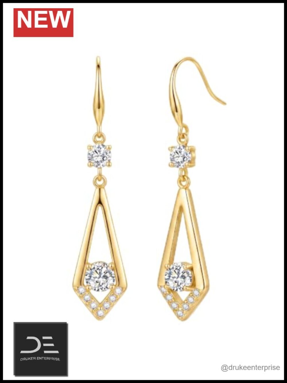 14K Gold Drop Earrings with Cubic Zirconia, Minimalist Rhombus Dangle, Gift for